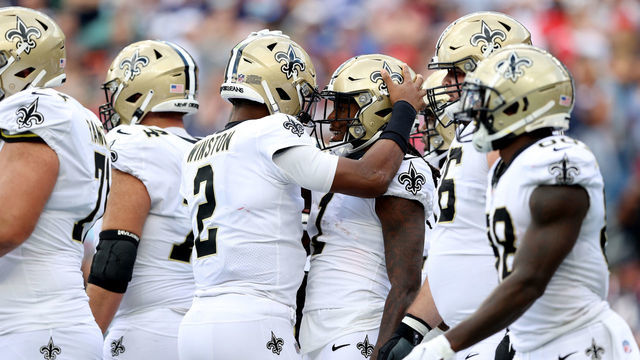 FOXBOROUGH, MASSACHUSETTS - SEPTEMBER 26: Quarterback Jameis Winston #2 and Marquez Callaway #1 of the New Orleans Saints celebrate after a touchdown against the New England Patriots during the game at Gillette Stadium on September 26, 2021 in Foxborough, Massachusetts.