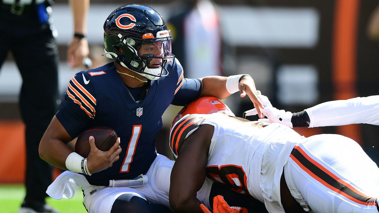CLEVELAND, OHIO - SEPTEMBER 26: Justin Fields #1 of the Chicago Bears is sacked during the first quarter in the game against the Cleveland Browns at FirstEnergy Stadium on September 26, 2021 in Cleveland, Ohio.