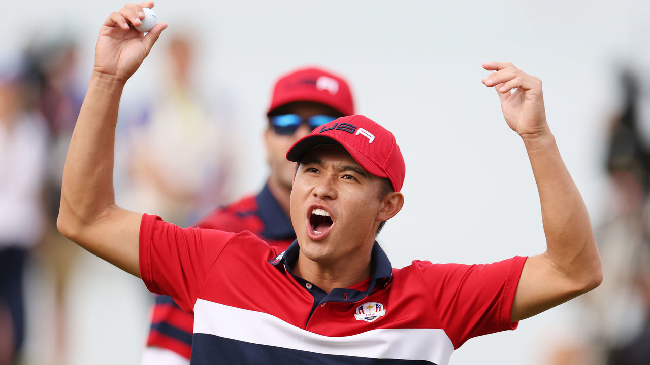 KOHLER, WISCONSIN - SEPTEMBER 26: Collin Morikawa of team United States celebrates on the 17th green after winning the hole to go 1up and guarantee the half point needed for the United States to win during Sunday Singles Matches of the 43rd Ryder Cup at Whistling Straits on September 26, 2021 in Kohler, Wisconsin.