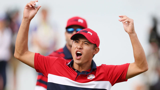 KOHLER, WISCONSIN - SEPTEMBER 26: Collin Morikawa of team United States celebrates on the 17th green after winning the hole to go 1up and guarantee the half point needed for the United States to win during Sunday Singles Matches of the 43rd Ryder Cup at Whistling Straits on September 26, 2021 in Kohler, Wisconsin.
