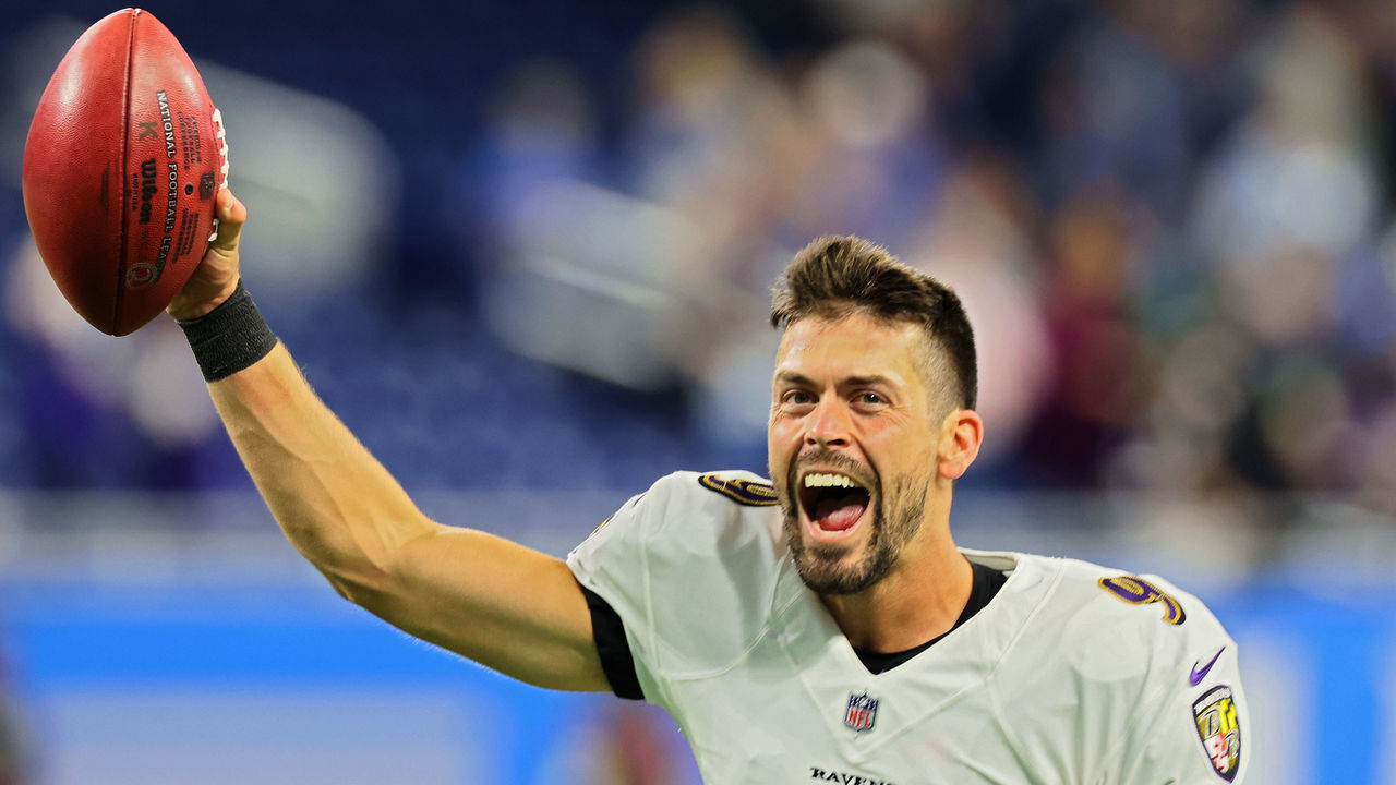 Baltimore Ravens kicker Justin Tucker (9) celebrates at the conclusion of the game after making the winning kick during an NFL football game between the Detroit Lions and the Baltimore Ravens in Detroit, Michigan USA, on Sunday, September 26, 2021.