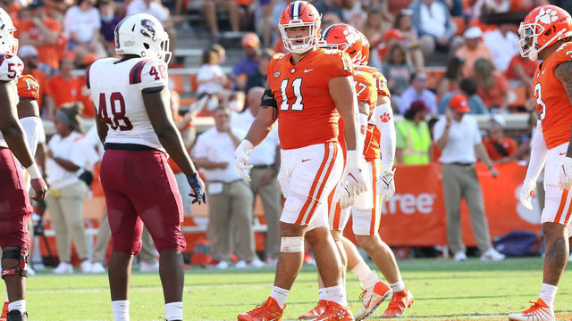CLEMSON, SC - SEPTEMBER 11: Bryan Bresee (11) defensive lineman of Clemson during a college football game between the South Carolina State Bulldogs and the Clemson Tigers on September 11, 2021, at Clemson Memorial Stadium in Clemson, S.C.