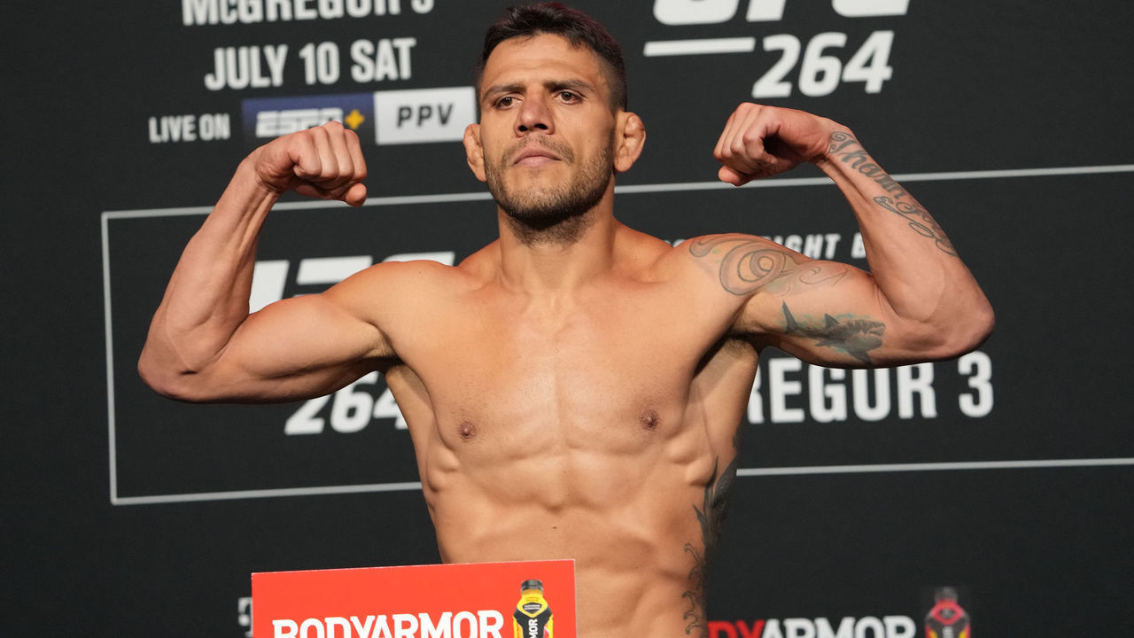 LAS VEGAS, NV - JULY 09: Rafael dos Anjos steps on the scale during the UFC 264 official weigh-in at UFC Apex on July 9, 2021 in Las Vegas, NV, United States.