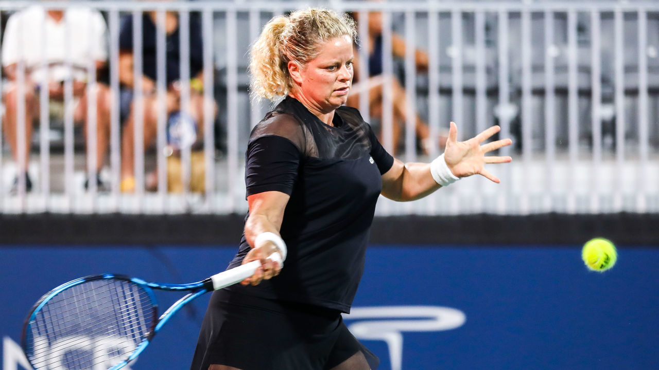 ATLANTA, GA - JULY 25: Kim Clijsters plays a point against Sloane Stephens during the Truist Atlanta Open at Atlantic Station on July 26, 2021 in Atlanta, Georgia.