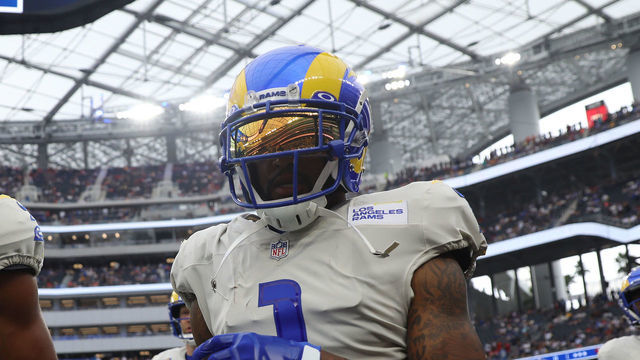 INGLEWOOD, CALIFORNIA - SEPTEMBER 26: Robert Woods #2 and DeSean Jackson #1 of the Los Angeles Rams before the game against the Tampa Bay Buccaneers at SoFi Stadium on September 26, 2021 in Inglewood, California.