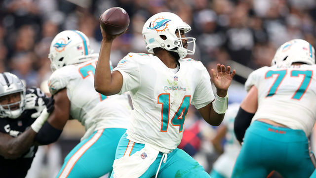 LAS VEGAS, NEVADA - SEPTEMBER 26: Jacoby Brissett #14 of the Miami Dolphins drops back to pass during the game against the Las Vegas Raiders at Allegiant Stadium on September 26, 2021 in Las Vegas, Nevada.