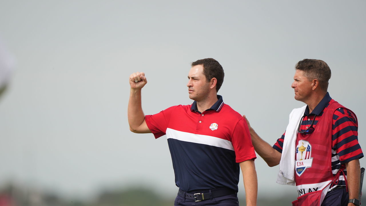 KOHLER, WI - SEPTEMBER 26: Patrick Cantlay of Team United States reacts to the crowd during the Sunday Singles Matches at the 2020 Ryder Cup at Whistling Straits on September 26, 2021 in Kohler, WI.