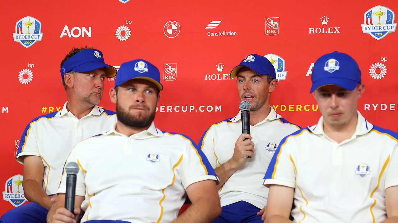 KOHLER, WISCONSIN - SEPTEMBER 26: Rory McIlroy of Northern Ireland and team Europe speaks to the media after their 19 to 9 loss to Team United States during the 43rd Ryder Cup at Whistling Straits on September 26, 2021 in Kohler, Wisconsin.
