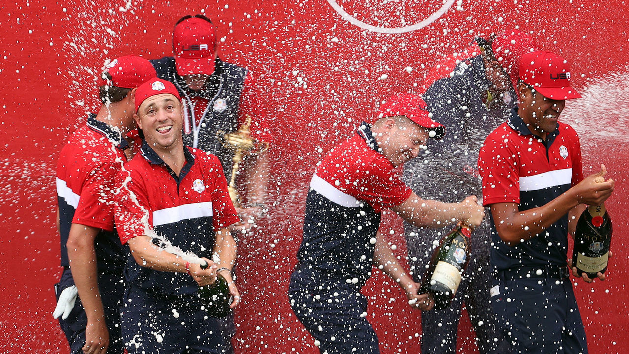 KOHLER, WISCONSIN - SEPTEMBER 26: Justin Thomas of team United States celebrates with champagne after defeating team Europe during Sunday Singles Matches of the 43rd Ryder Cup at Whistling Straits on September 26, 2021 in Kohler, Wisconsin.
