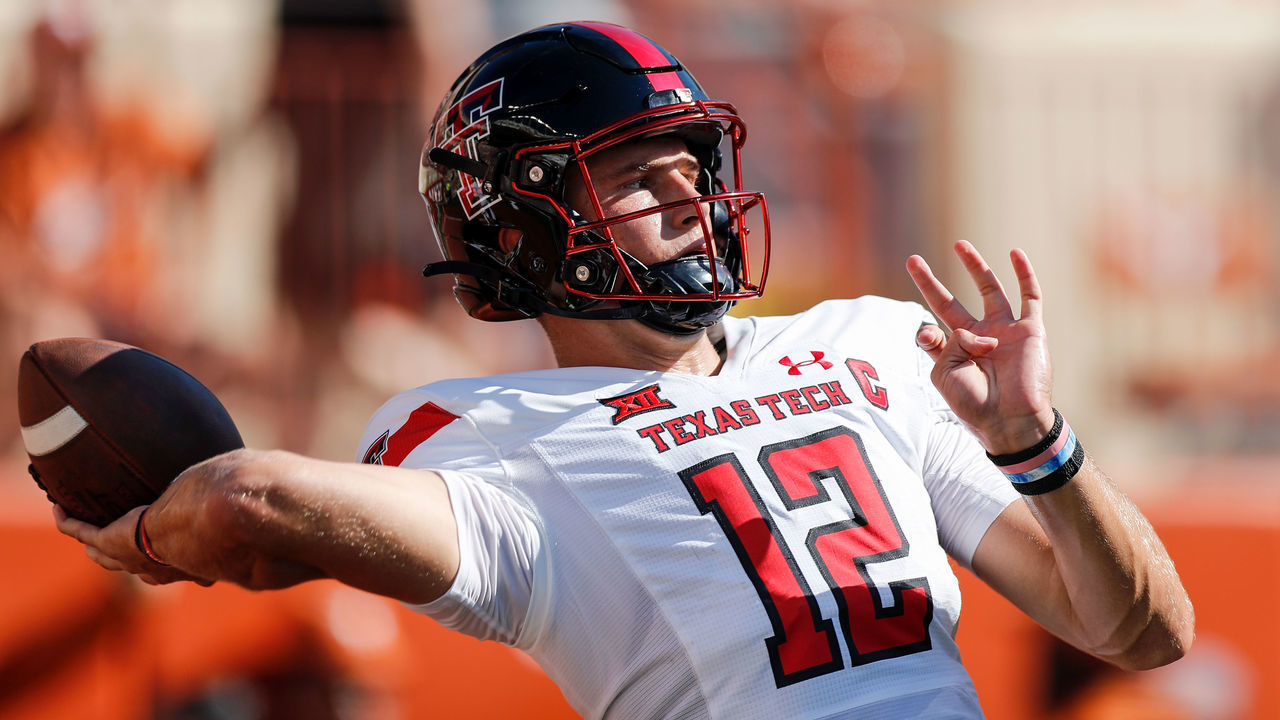 AUSTIN, TEXAS - SEPTEMBER 25: Tyler Shough #12 of the Texas Tech Red Raiders warms up before the game against the Texas Longhorns at Darrell K Royal-Texas Memorial Stadium on September 25, 2021 in Austin, Texas.