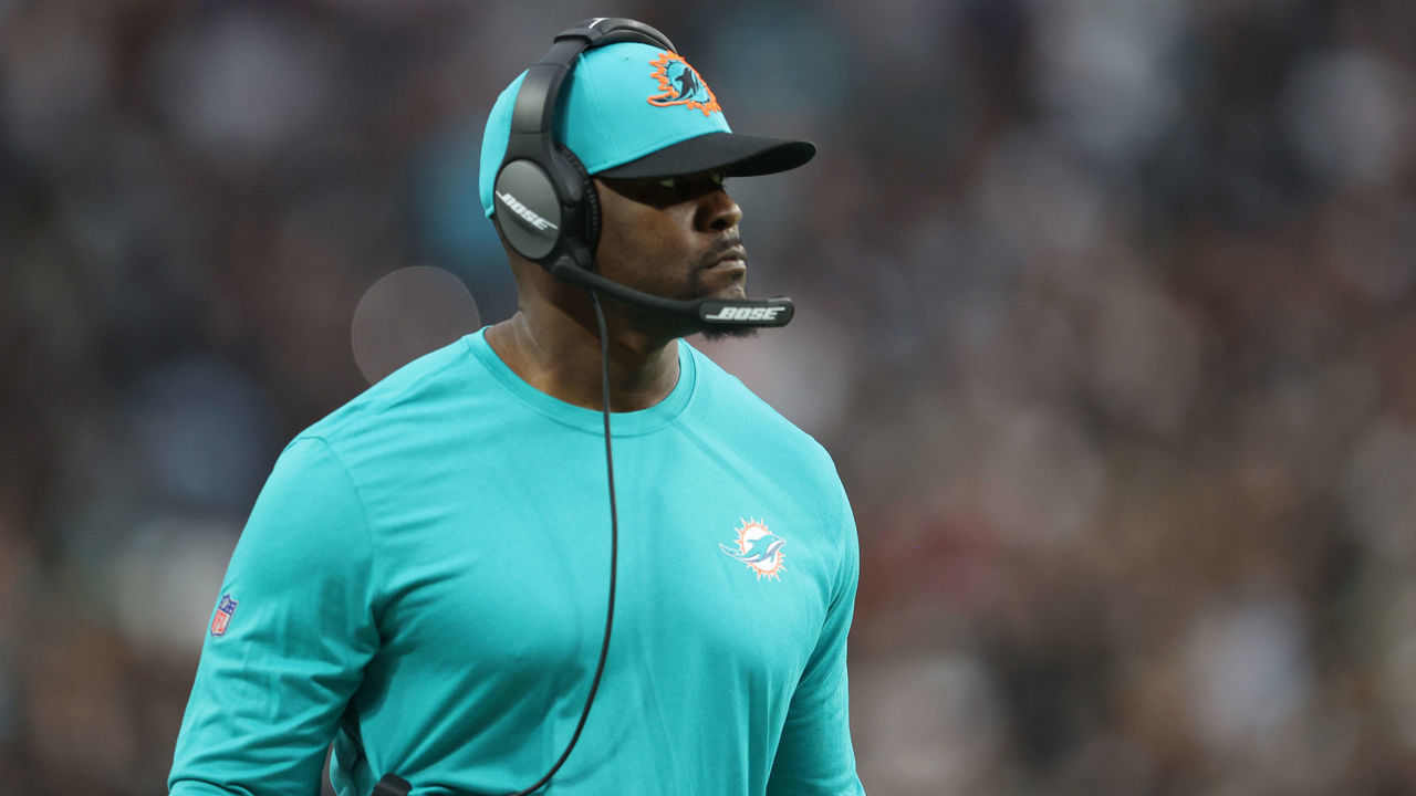 LAS VEGAS, NEVADA - SEPTEMBER 26: Head coach Brian Flores of the Miami Dolphins looks on from the side line during the game against the Las Vegas Raiders at Allegiant Stadium on September 26, 2021 in Las Vegas, Nevada.