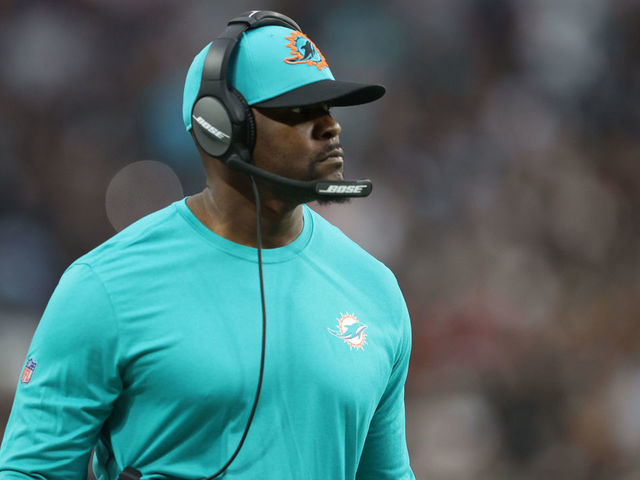 LAS VEGAS, NEVADA - SEPTEMBER 26: Head coach Brian Flores of the Miami Dolphins looks on from the side line during the game against the Las Vegas Raiders at Allegiant Stadium on September 26, 2021 in Las Vegas, Nevada.