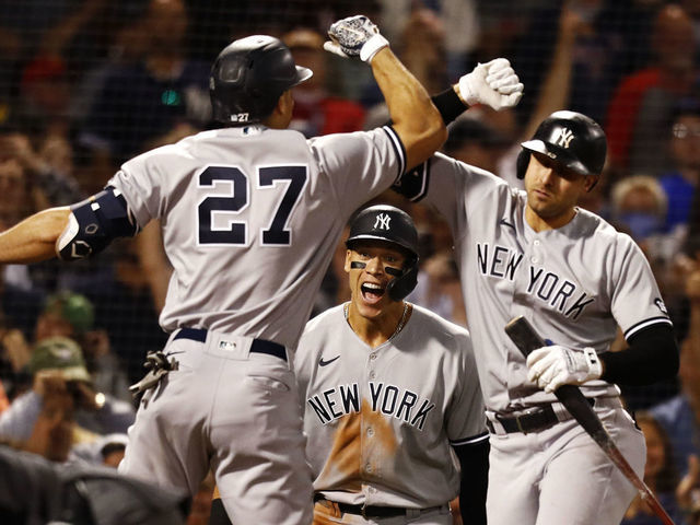 New York Yankees player Giancarlo Stanton (27) reacts with his