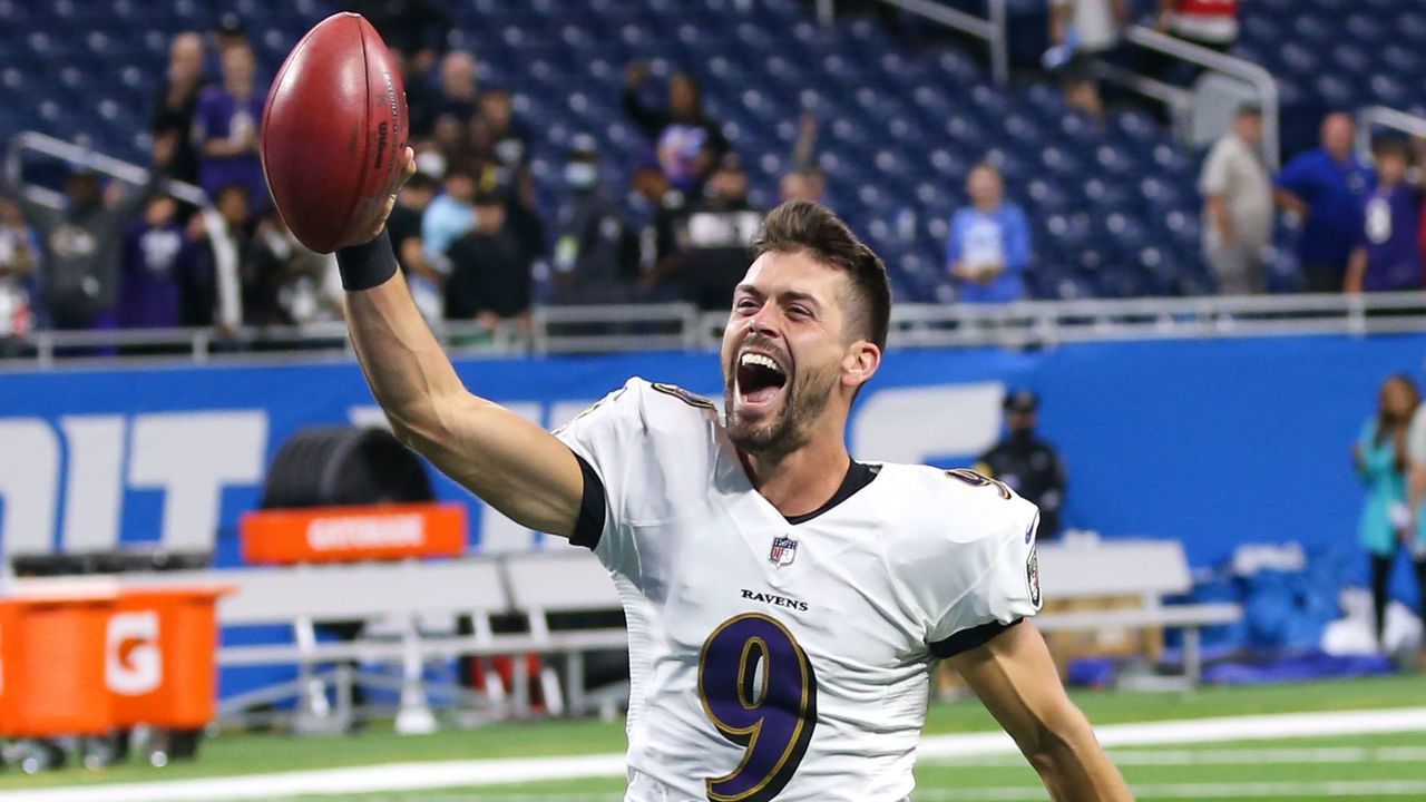 DETROIT, MI - SEPTEMBER 26: Baltimore Ravens place kicker Justin Tucker (9) celebrates at the end of the game after kicking a game-winning record-setting 66-yard field goal with seven seconds left in the fourth quarter of a regular season NFL game between the Baltimore Ravens and the Detroit Lions on September 26, 2021 at Ford Field in Detroit, Michigan.