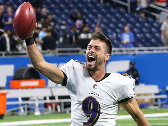 DETROIT, MI - SEPTEMBER 26: Baltimore Ravens place kicker Justin Tucker (9) celebrates at the end of the game after kicking a game-winning record-setting 66-yard field goal with seven seconds left in the fourth quarter of a regular season NFL game between the Baltimore Ravens and the Detroit Lions on September 26, 2021 at Ford Field in Detroit, Michigan.
