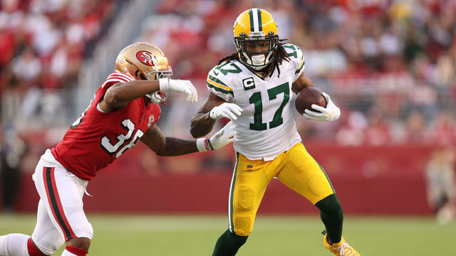 SANTA CLARA, CALIFORNIA - SEPTEMBER 26: Davante Adams #17 of the Green Bay Packers runs after catching a pass during the first half against the San Francisco 49ers in the game at Levi's Stadium on September 26, 2021 in Santa Clara, California.