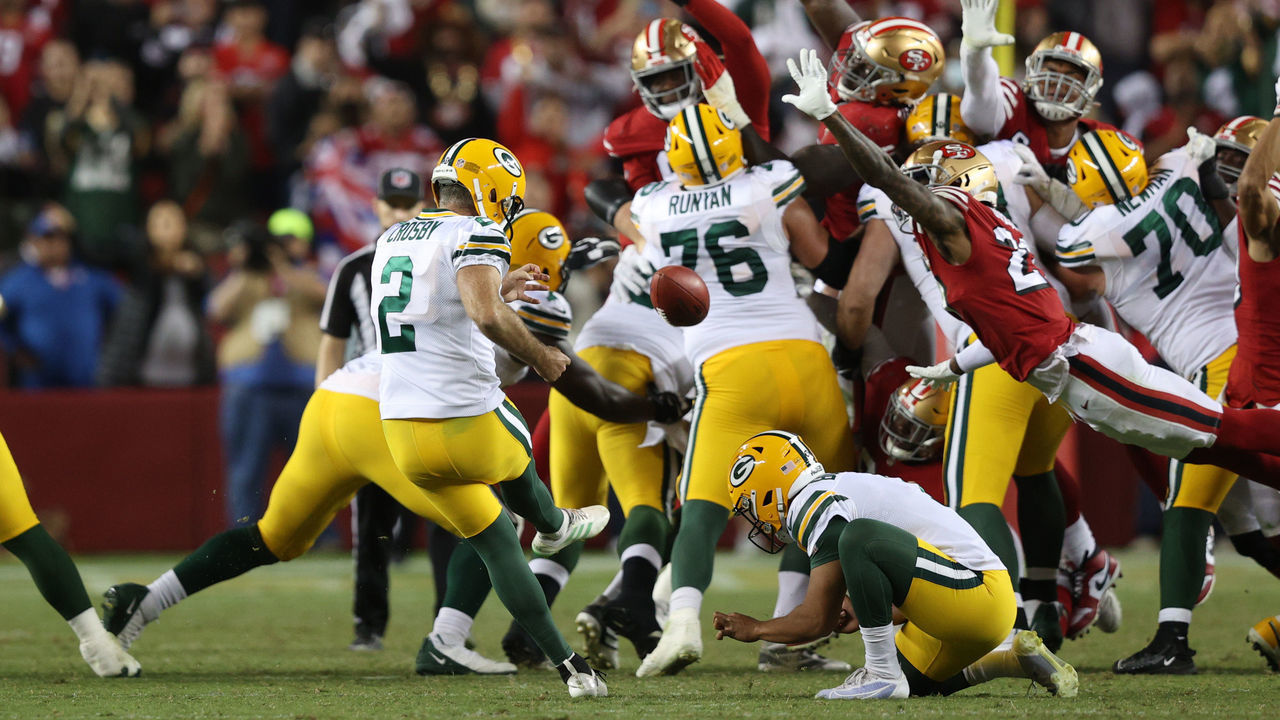 SANTA CLARA, CALIFORNIA - SEPTEMBER 26: Mason Crosby #2 of the Green Bay Packers kicks the game-winning field goal against the San Francisco 49ers in the game at Levi's Stadium on September 26, 2021 in Santa Clara, California.