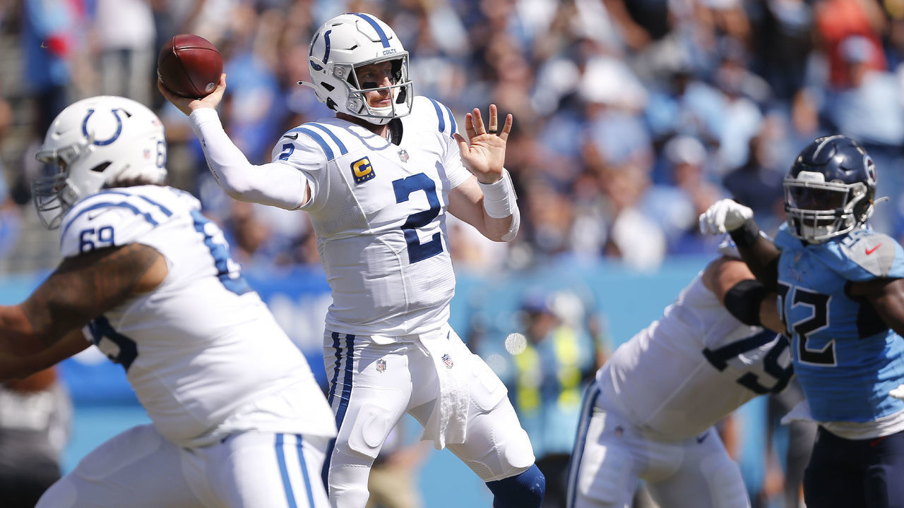 NASHVILLE, TN - SEPTEMBER 26: Indianapolis Colts Quarterback Carson Wentz (2) makes the pass under pressure during and NFL Game between the Indianapolis Colts and Tennessee Titans on September 26, 2021 at Nissan Stadium in Nashville, TN.