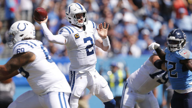 NASHVILLE, TN - SEPTEMBER 26: Indianapolis Colts Quarterback Carson Wentz (2) makes the pass under pressure during and NFL Game between the Indianapolis Colts and Tennessee Titans on September 26, 2021 at Nissan Stadium in Nashville, TN.