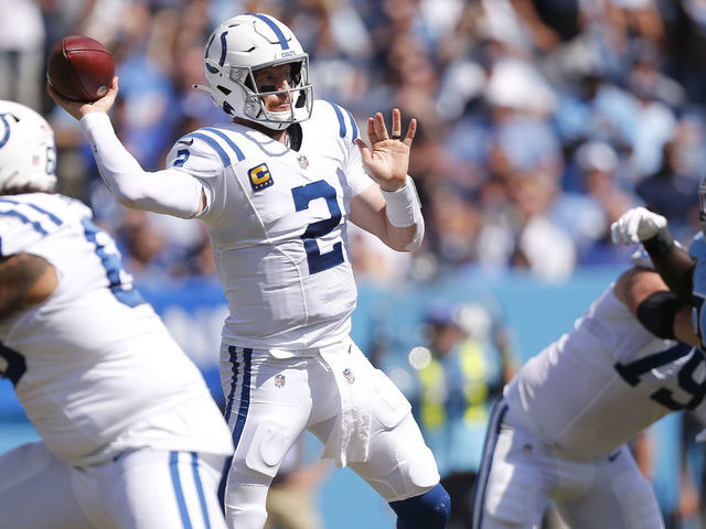 NASHVILLE, TN - SEPTEMBER 26: Indianapolis Colts Quarterback Carson Wentz (2) makes the pass under pressure during and NFL Game between the Indianapolis Colts and Tennessee Titans on September 26, 2021 at Nissan Stadium in Nashville, TN.