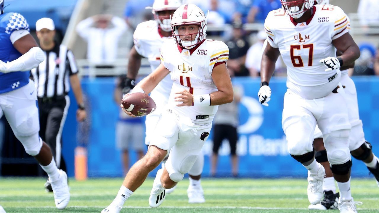 LEXINGTON, KENTUCKY - SEPTEMBER 04: Rhett Rodriguez #4 of the ULM War Hawks runs with the ball against the Kentucky Wildcats at Kroger Field on September 04, 2021 in Lexington, Kentucky.