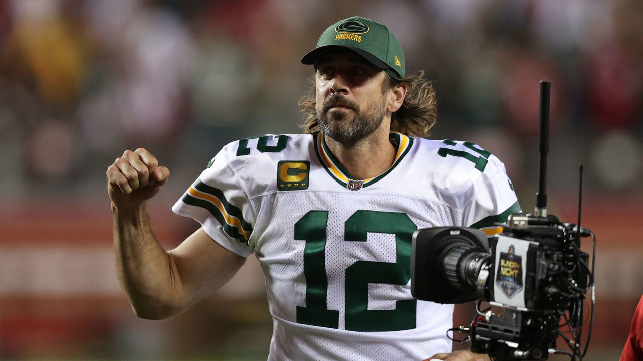 SANTA CLARA, CALIFORNIA - SEPTEMBER 26: Aaron Rodgers #12 of the Green Bay Packers leaves the field after defeating the San Francisco 49ers in the game at Levi's Stadium on September 26, 2021 in Santa Clara, California.