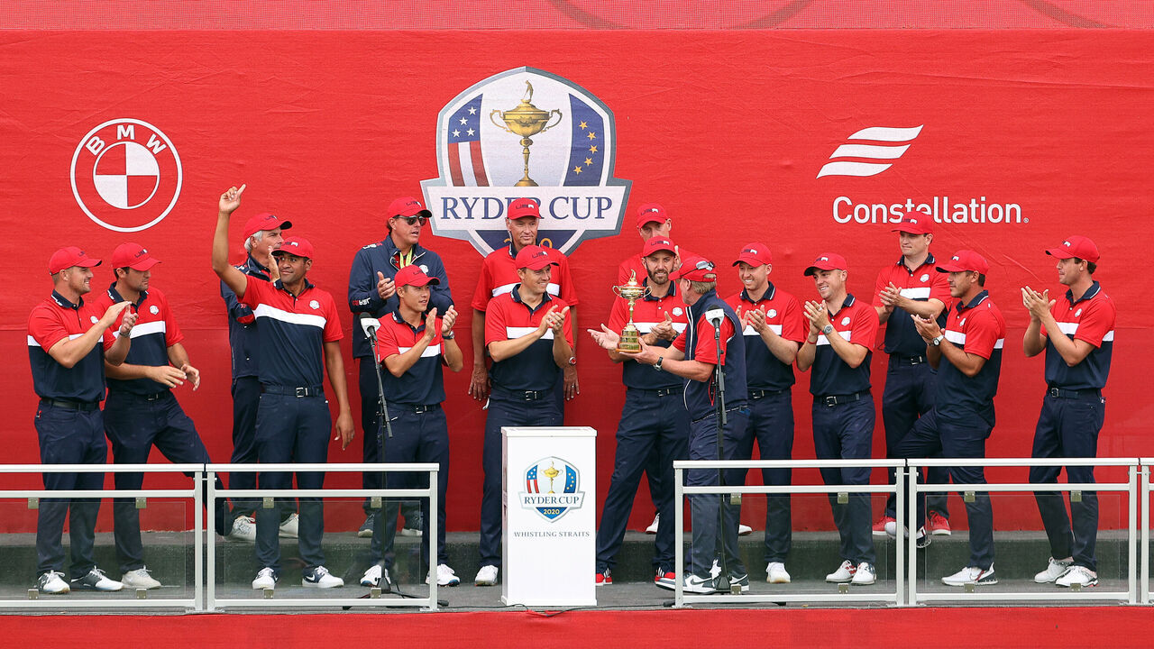 KOHLER, WISCONSIN - SEPTEMBER 26: Team United States celebrates with the Ryder Cup after defeating Team Europe 19 to 9 in the 43rd Ryder Cup at Whistling Straits on September 26, 2021 in Kohler, Wisconsin.