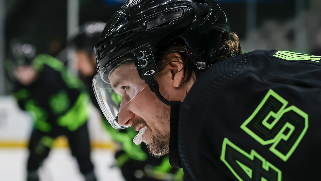 DALLAS, TX - APRIL 26: Dallas Stars defenseman Sami Vatanen (45) waits for play to start during the game between the Dallas Stars and the Carolina Hurricanes on April 26, 2021 at the American Airlines Center in Dallas, Texas.
