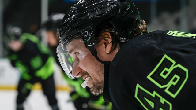 DALLAS, TX - APRIL 26: Dallas Stars defenseman Sami Vatanen (45) waits for play to start during the game between the Dallas Stars and the Carolina Hurricanes on April 26, 2021 at the American Airlines Center in Dallas, Texas.