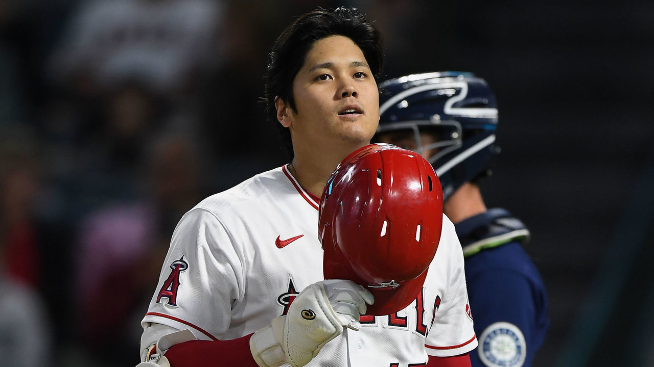 ANAHEIM, CA - SEPTEMBER 24: Los Angeles Angels designated hitter Shohei Ohtani (17) heads back to the dugout after striking out during a game against the Seattle Mariners played on September 24, 2021 at Angel Stadium in Anaheim, CA.