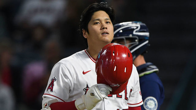 ANAHEIM, CA - SEPTEMBER 24: Los Angeles Angels designated hitter Shohei Ohtani (17) heads back to the dugout after striking out during a game against the Seattle Mariners played on September 24, 2021 at Angel Stadium in Anaheim, CA.