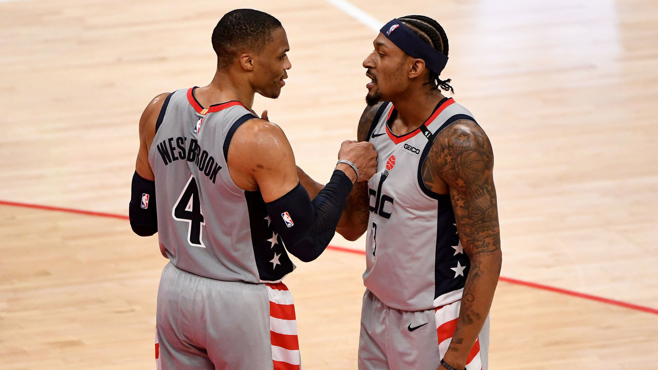WASHINGTON, DC - MAY 16: Russell Westbrook #4 and Bradley Beal #3 of the Washington Wizards celebrate after a play against the Charlotte Hornets during the second half at Capital One Arena on May 16, 2021 in Washington, DC.