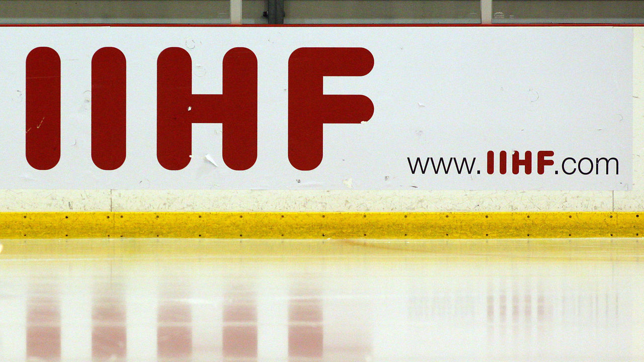 The International Ice Hockey Federation (IIHF) logo reflected on the ice during the New Zealand V Bulgaria 2012 IIHF Ice Hockey World Championships Division 3 held at Dunedin Ice Stadium. Dunedin, Otago, New Zealand. 17th January 2012. Photo Tim Clayton
