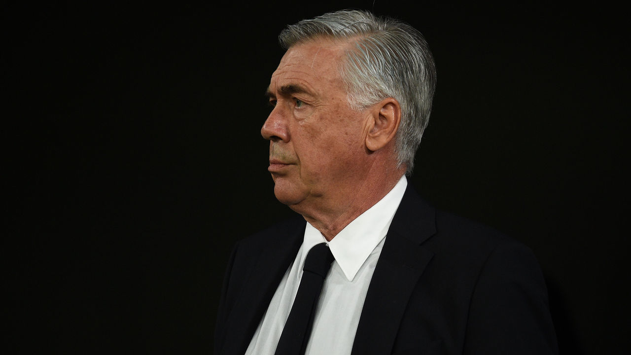 MADRID, SPAIN - SEPTEMBER 25: Carlo Ancelotti, head coach of Real Madrid looks on prior to the La Liga Santander match between Real Madrid CF and Villarreal CF at Estadio Santiago Bernabeu on September 25, 2021 in Madrid, Spain.