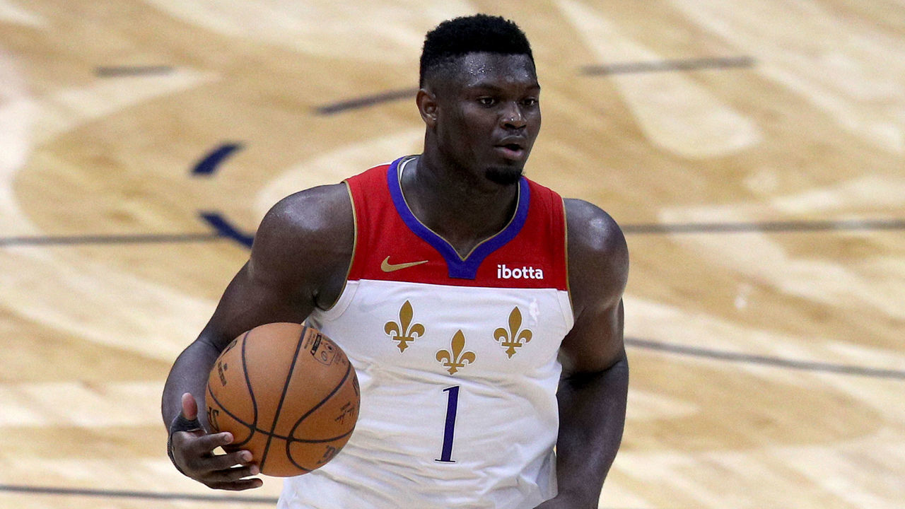 NEW ORLEANS, LOUISIANA - MAY 04: Zion Williamson #1 of the New Orleans Pelicans dribbles the ball downn court during the fourth quarter of an NBA game against the Golden State Warriors at Smoothie King Center on May 04, 2021 in New Orleans, Louisiana.