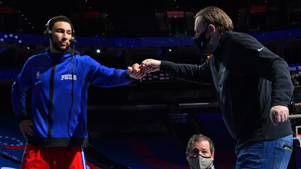 PHILADELPHIA, PA - FEBRUARY 25: Ben Simmons #25 of the Philadelphia 76ers and President of Basketball Operations, Daryl Morey of the Philadelphia 76ers high-five after a game on February 25, 2021 at Wells Fargo Center in Philadelphia, Pennsylvania. NOTE TO USER: User expressly acknowledges and agrees that, by downloading and/or using this Photograph, user is consenting to the terms and conditions of the Getty Images License Agreement. Mandatory Copyright Notice: Copyright 2021 NBAE