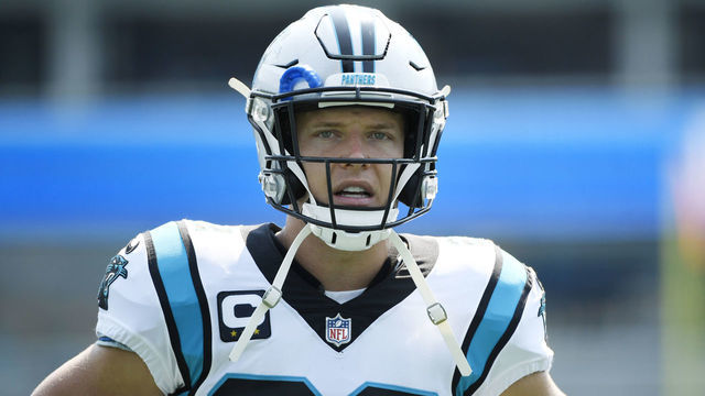 CHARLOTTE, NORTH CAROLINA - SEPTEMBER 12: Christian McCaffrey #22 of the Carolina Panthers looks on prior to the game against the New York Jets at Bank of America Stadium on September 12, 2021 in Charlotte, North Carolina.