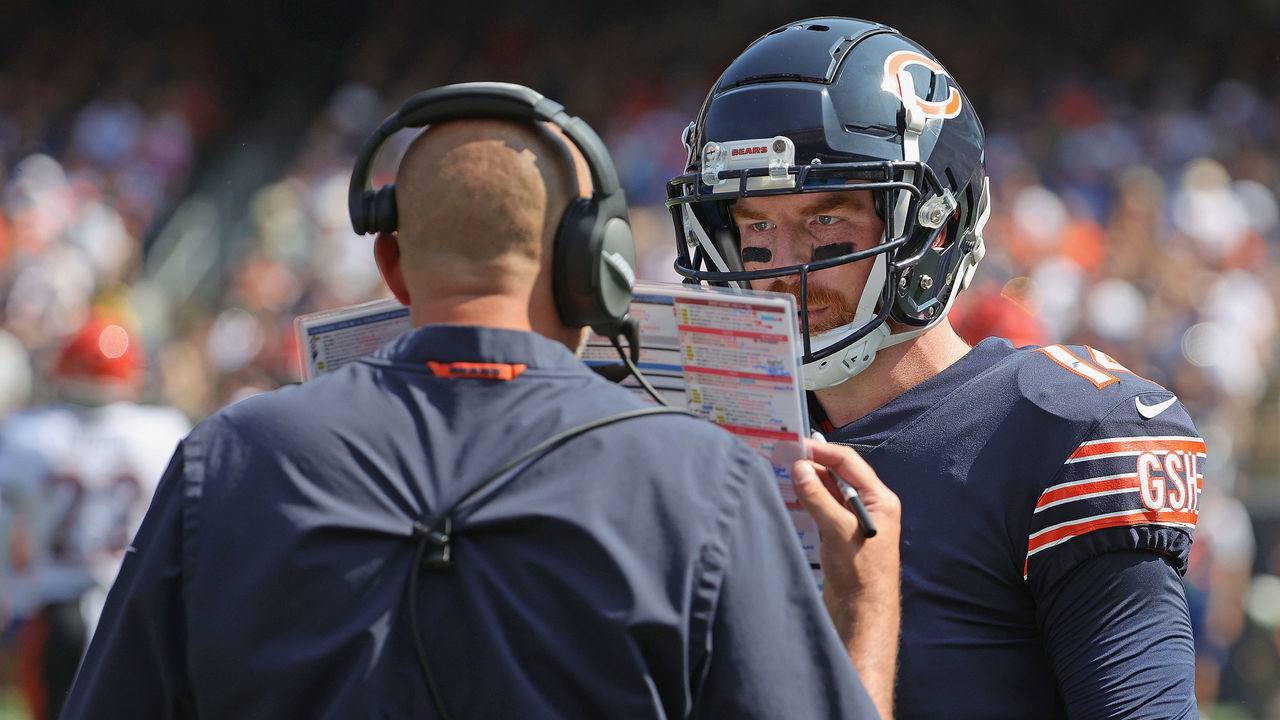 CHICAGO, ILLINOIS - SEPTEMBER 19: Andy Dalton #14 of the Chicago Bears listens to head coach Matt Nagy during a time out against the Cincinnati Bengals at Soldier Field on September 19, 2021 in Chicago, Illinois. The Bears defeated the Bengals 20-17.