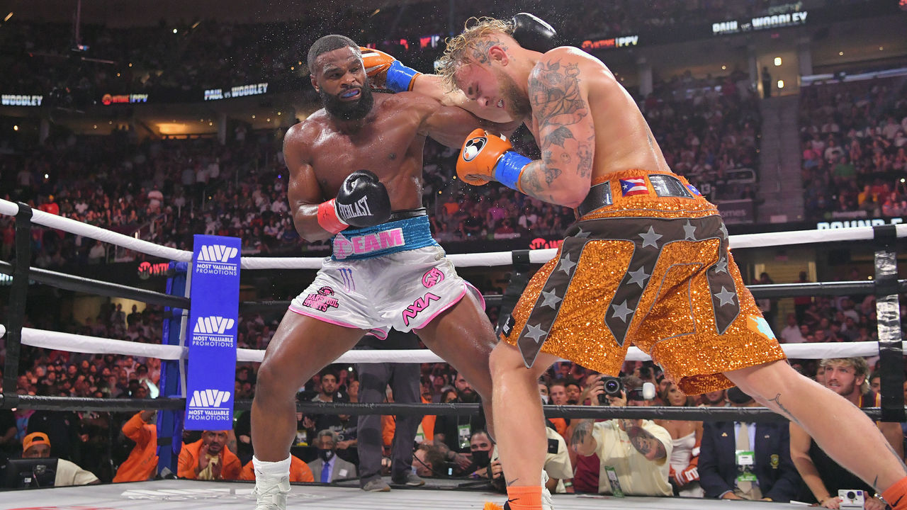 CLEVELAND, OHIO - AUGUST 29: Jake Paul fights Tyron Woodley in their cruiserweight bout during a Showtime pay-per-view event at Rocket Morgage Fieldhouse on August 29, 2021 in Cleveland, Ohio.