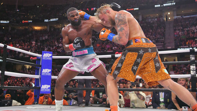 CLEVELAND, OHIO - AUGUST 29: Jake Paul fights Tyron Woodley in their cruiserweight bout during a Showtime pay-per-view event at Rocket Morgage Fieldhouse on August 29, 2021 in Cleveland, Ohio.
