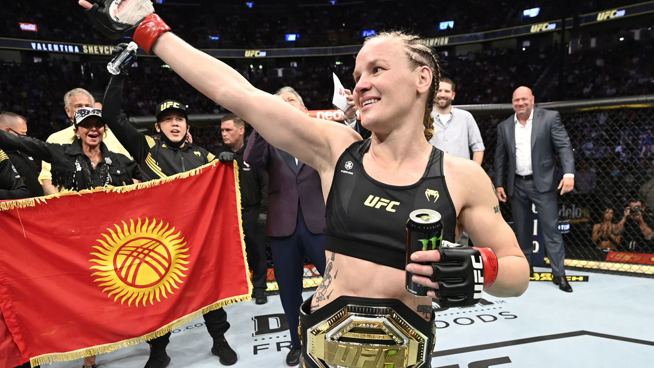 LAS VEGAS, NEVADA - SEPTEMBER 25: Valentina Shevchenko of Kyrgyzstan celebrates her knockout of Lauren Murphy in their UFC flyweight championship fight during the UFC 266 event on September 25, 2021 in Las Vegas, Nevada.