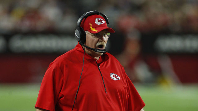 GLENDALE, AZ - AUGUST 20: Kansas City Chiefs head coach Andy Reid reacts on the sideline during an NFL preseason game against the Arizona Cardinals on August 20, 2021 at State Farm Stadium in Glendale, AZ.