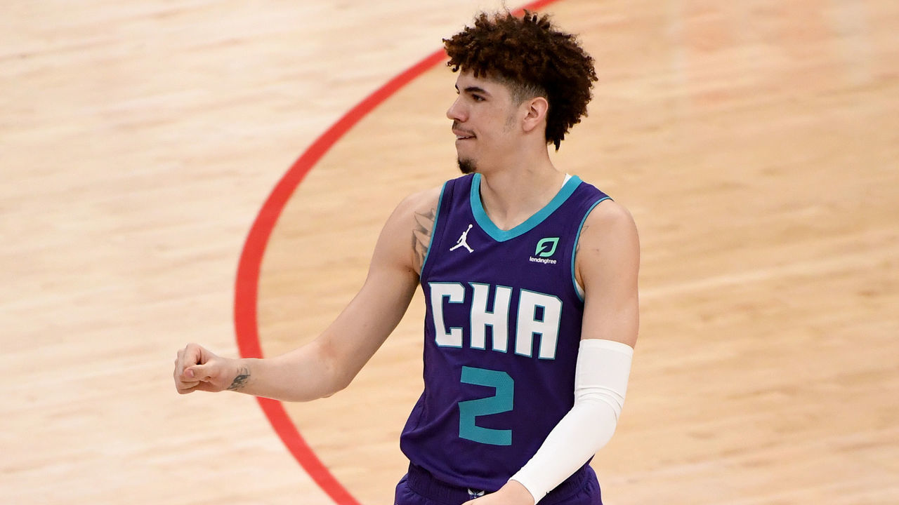 WASHINGTON, DC - MAY 16: LaMelo Ball #2 of the Charlotte Hornets looks on prior to the game against the Washington Wizards at Capital One Arena on May 16, 2021 in Washington, DC.