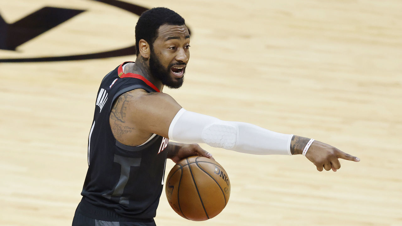 MIAMI, FLORIDA - APRIL 19: John Wall #1 of the Houston Rockets in action against the Miami Heat during the second quarter at American Airlines Arena on April 19, 2021 in Miami, Florida.