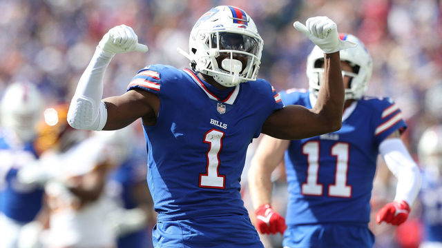ORCHARD PARK, NEW YORK - SEPTEMBER 26: Emmanuel Sanders #1 of the Buffalo Bills celebrates after making a catch in the second quarter of the game against the Washington Football Team at Highmark Stadium on September 26, 2021 in Orchard Park, New York.