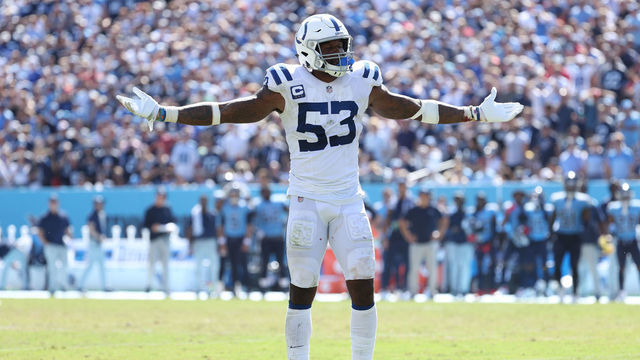 NASHVILLE, TENNESSEE - SEPTEMBER 26: Darius Leonard #53 of the Indianapolis Colts reacts after the Colts recovered a fumble in the third period of the game against the Tennessee Titans at Nissan Stadium on September 26, 2021 in Nashville, Tennessee.