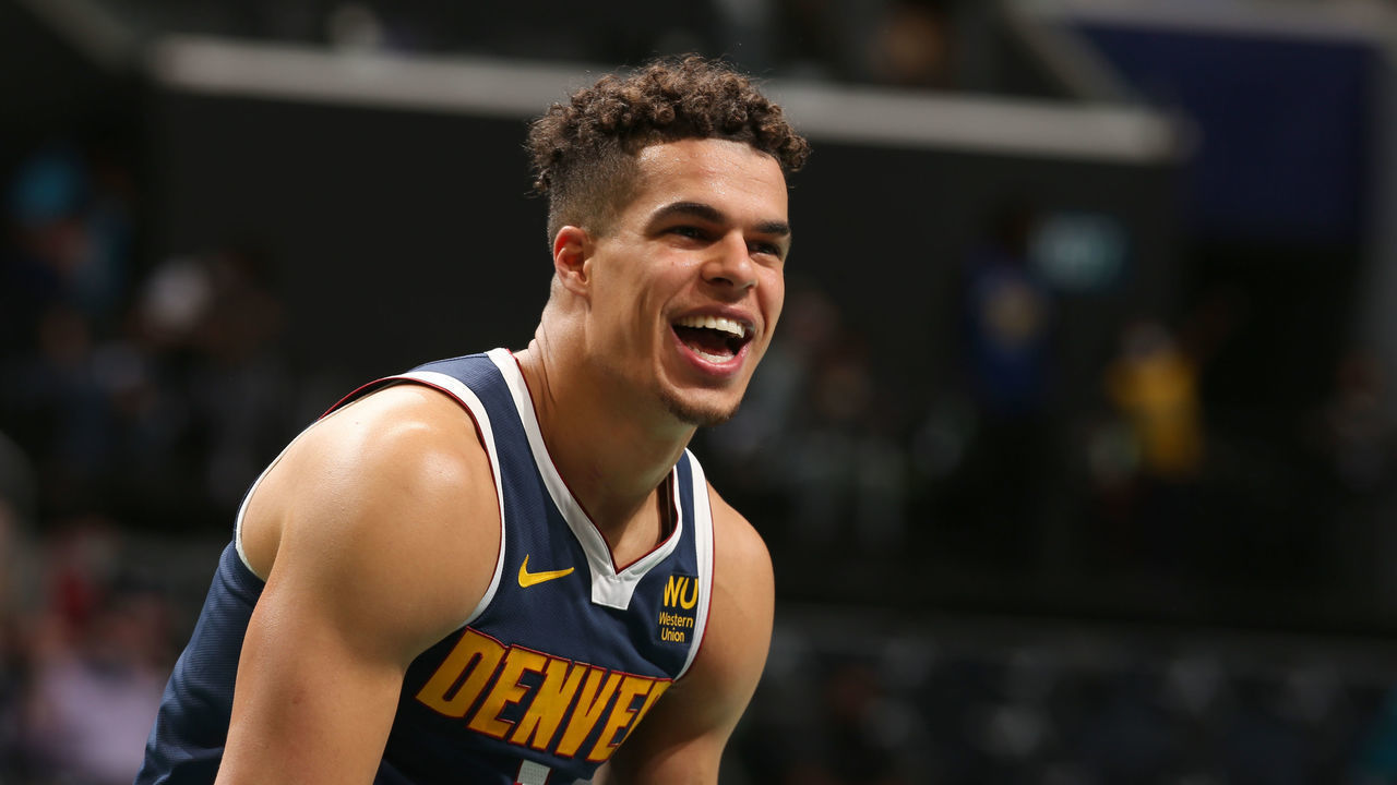 CHARLOTTE, NC - MAY 11: Michael Porter Jr. #1 of the Denver Nuggets smiles during the game against the Charlotte Hornets on May 11, 2021 at Spectrum Center in Charlotte, North Carolina. Mandatory Copyright Notice: Copyright 2021 NBAE