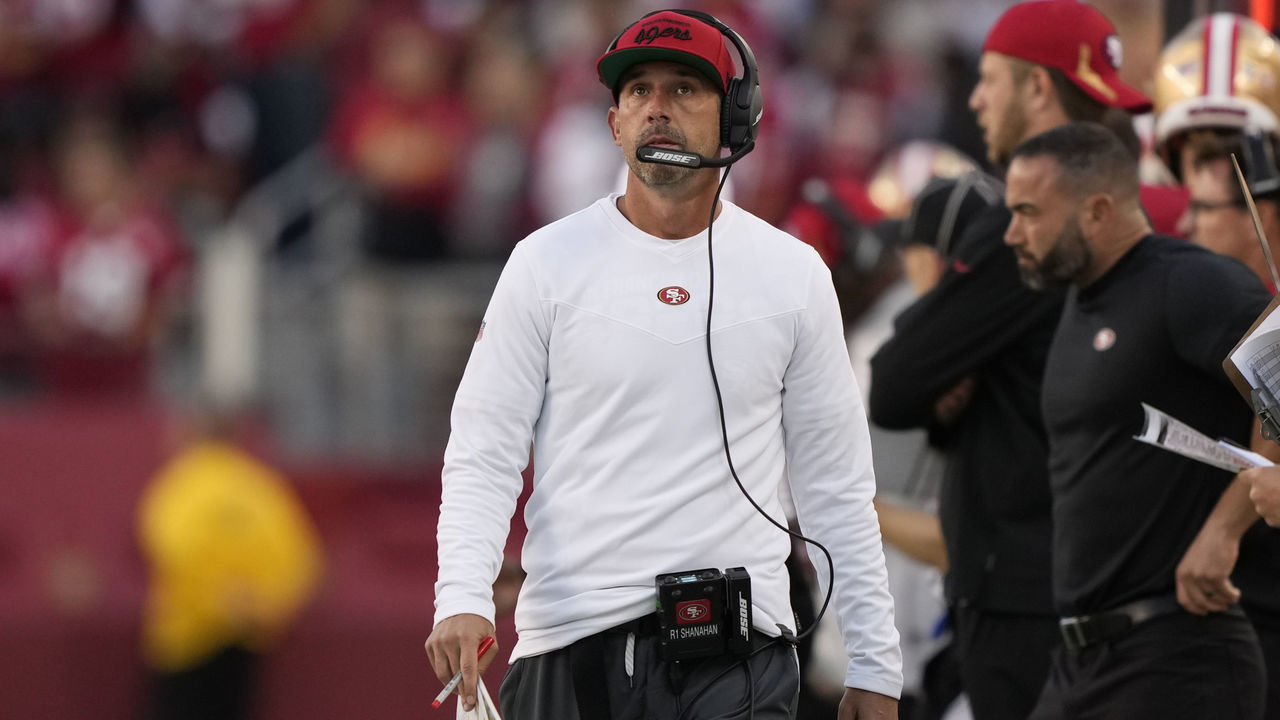 SANTA CLARA, CALIFORNIA - SEPTEMBER 26: Head coach Kyle Shanahan of the San Francisco 49ers is seen on the sideline during the first half against the Green Bay Packers in the game at Levi's Stadium on September 26, 2021 in Santa Clara, California.