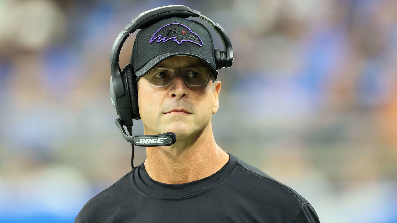 Baltimore Ravens head coach John Harbaugh looks on from the sidelines during an NFL football game between the Detroit Lions and the Baltimore Ravens in Detroit, Michigan USA, on Sunday, September 26, 2021.