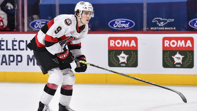 MONTREAL, QC - FEBRUARY 19: Ridly Greig #9 of the Belleville Senators skates against the Laval Rocket during the first period at the Bell Centre on February 19, 2021 in Montreal, Canada. The Laval Rocket defeated the Belleville Senators 5-2.